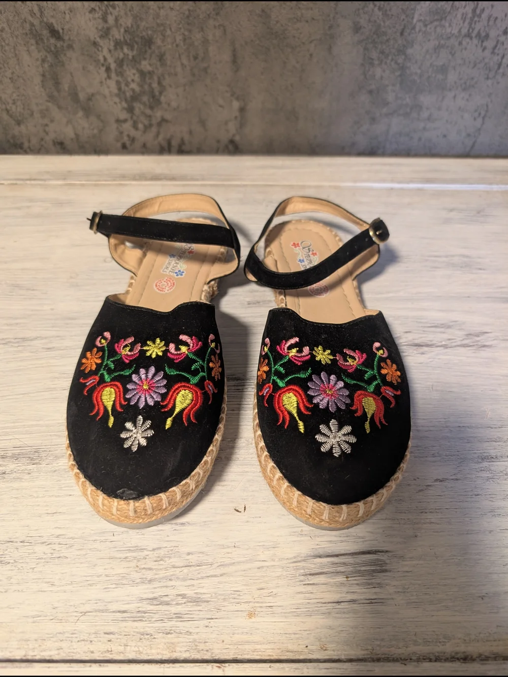 Black Embroidered Espadrille Flats with Ankle Strap